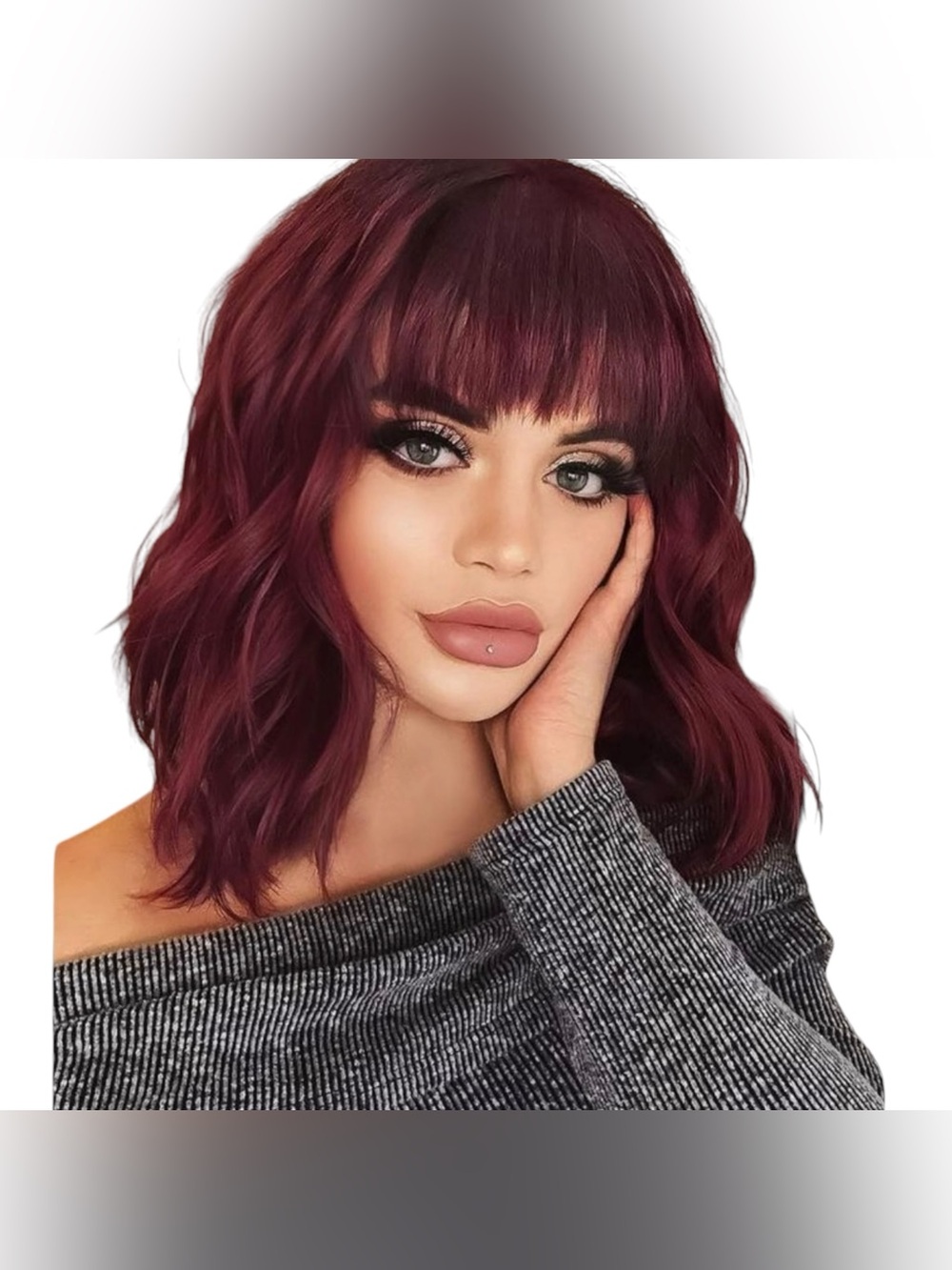 AISI HAIR Curly Bob Wig with Bangs Short Wavy Wine Red Color Wigs for Women Bob